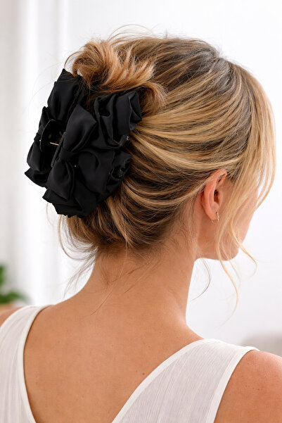 Pretty Siyah Çiçek Tasarımlı Mandallı Büyük Boy Saç Tokası