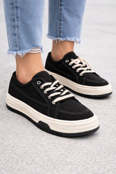 Encool Black Linen High Sole Lace-Up Women's Sneaker Casual Comfortable Sport...
