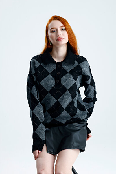 Rawanda Πλεκτό πουλόβερ με γιακά πόλο και σχέδιο μπακλαβά με λάμψη