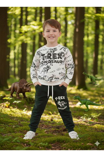 WİKİBOOM Trex Printed 3-Thread Shardonumli Top and Bottom Boy's Set