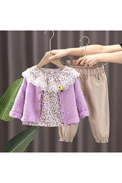 kizu Elegant Set for Girls - Floral Blouse, Purple Cardigan and Beige Pants