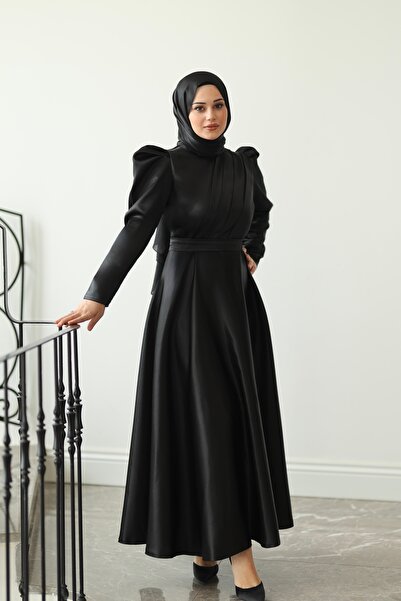 By Atelier Meva Women's Black Pleated Front Long Flared Skirt with Belt Moder...