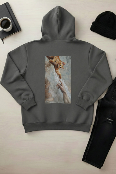 OXVİN Curiosity Of A Cat - Унисекс суитшърт с качулка, кенгуру джоб и 3-нишка...