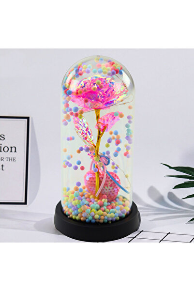 LEAN Trandafir etern în cupolă cu iluminare LED roz cu inimă și globuri