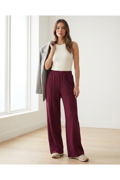 Grenj Fashion Burgundy piped Soft Textured Wide Leg /Wide Cut Elastic High Wa...