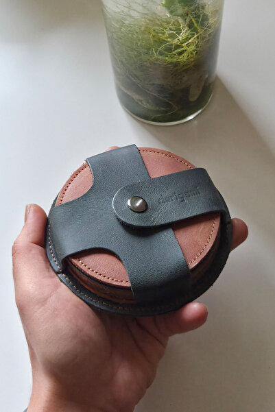 derigami Set of 5 Handmade Leather Coasters, Round Design, Rustic Table Decor