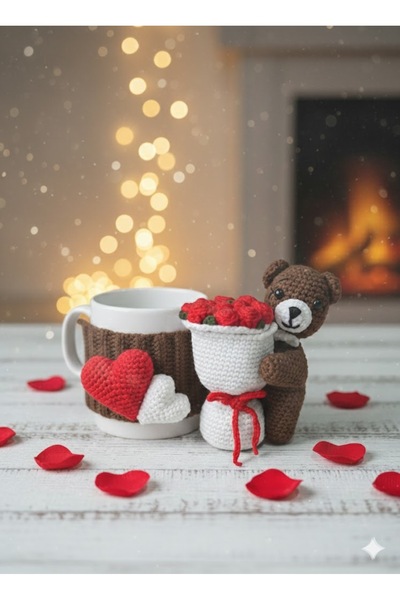 Handmade Amigurumi Ayıcık Çiçek Buketli | El Örgüsü Kupa Kılıfı | Sevgiliye R...