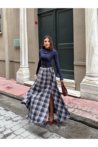 manana fashion Fustă lungă în carouri cu șliț și curea