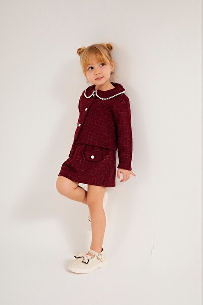 Neo Kids Kız Çocuk İncili Bordo Tüvit Ceket Etek Takım