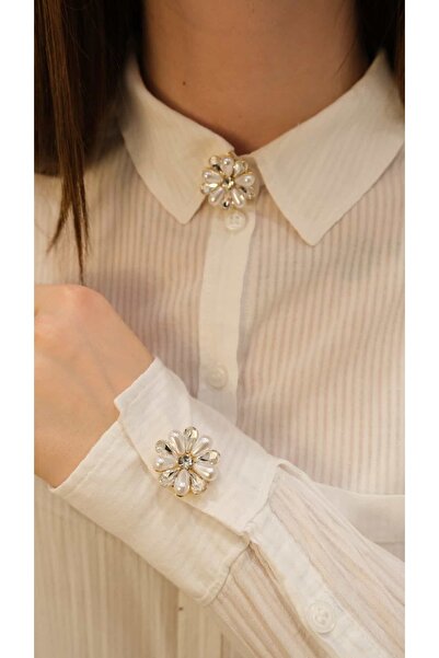 Jerie İnci ve Taş Detay Çiçek 2'li Set Düğme Broş