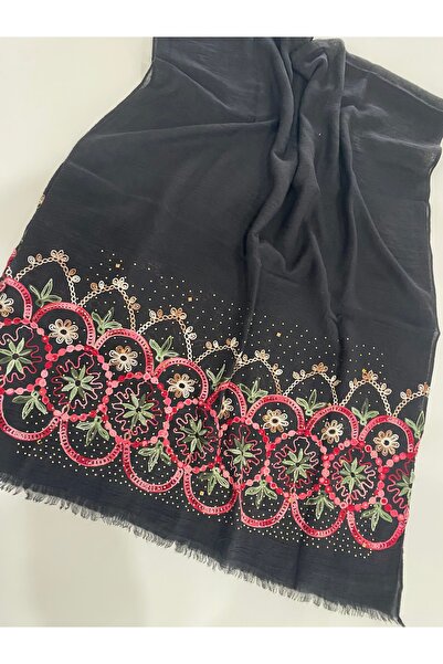 Bohemian Black Embroidered and Stone-Embellished Organic Cotton Imported Shawl