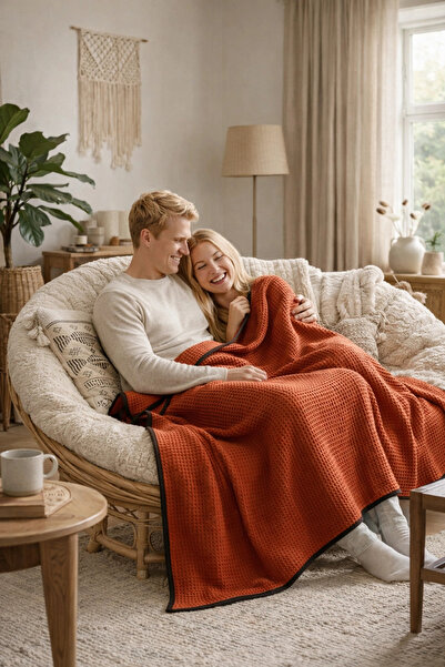 NDC HOME Waffle Woven Multi-Purpose Pique Tv Shawl / Blanket - Orange
