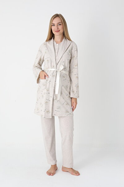 ERDENİZ TEKSTİL Long-Sleeved Pajamas + Dressing Gown Set of 3 Special for Pre...