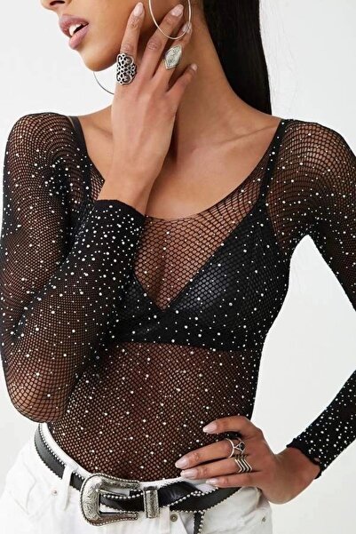 VALESSA Kadın Siyah Işıltılı Omuz Dekolteli Bodysuit File Crop Bluz Taşlı Body