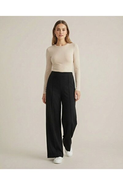 Grenj Fashion Black Grass Green Detailed Soft Textured Wide Leg / Wide Cut Kn...