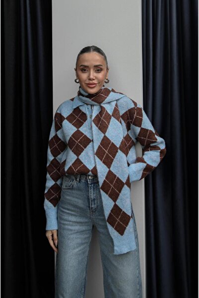 Havoş Μπλε πουλόβερ με σχέδιο μπακλαβά και γιακά πόλο με σάλι