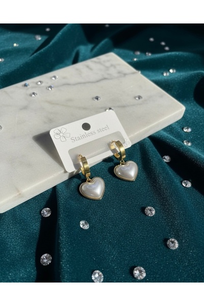 Meneva Aksesuar Gold Color Steel Heart Pearl Detailed Earrings