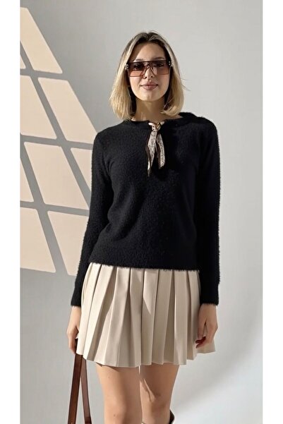 charme butik Women's Crew Neck Sweater with Scarf Detail and Soft Texture Tre...