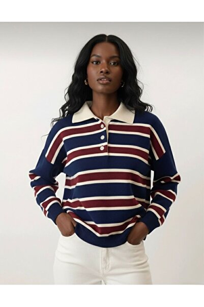 charme butik Women's Polo Collar Buttoned Striped Trendy Knitwear Sweater