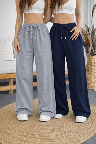 SULVERY İKİ ADET LACİVERT/GRİ BAGGY BAYANDÜZ PAÇA RAHAT KALIP EŞOFMAN ALTI YÜ...
