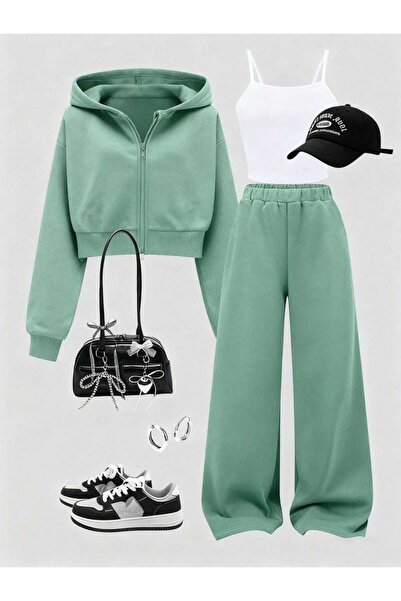 VESTIR BIEN Set de iarnă verde și alb, 3 piese, fără imprimeu