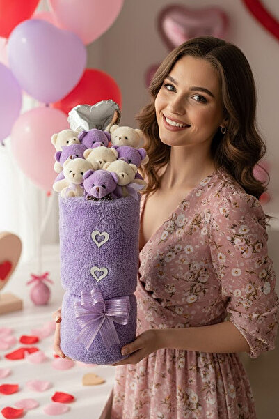 Solemia Sevgililer Gününe Özel Lila Peluş Vazo Tasarım Kalp Balonlu Ayıcık Bu...