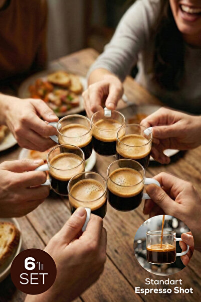 Vienev طقم من 6 أكواب إسبريسو زجاجية بمقابض بيضاء - 95 مل