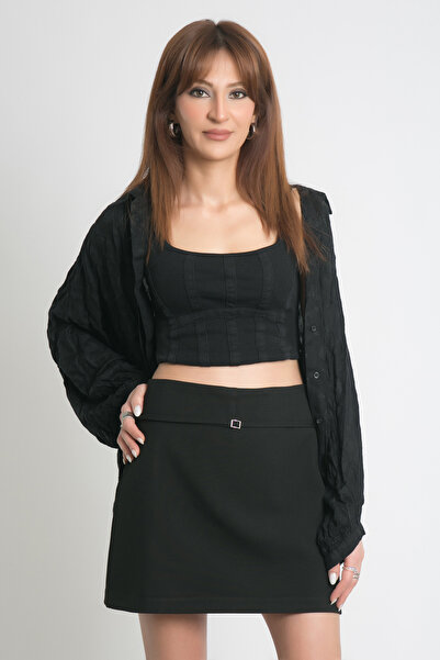 CESS ŞORT ETEK KADIN ŞORTLU ETEK MİNİ TOKALI KUŞAKLI YANDAN FERMUARLI