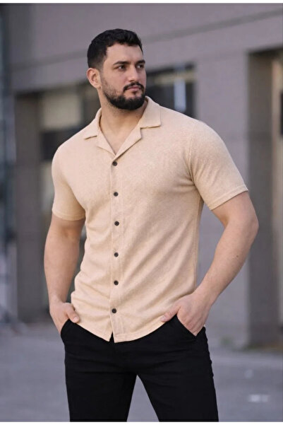 MODA Men's Waffle Fabric Short Sleeve Buttoned Open Collar Regular Fit Shirt ...
