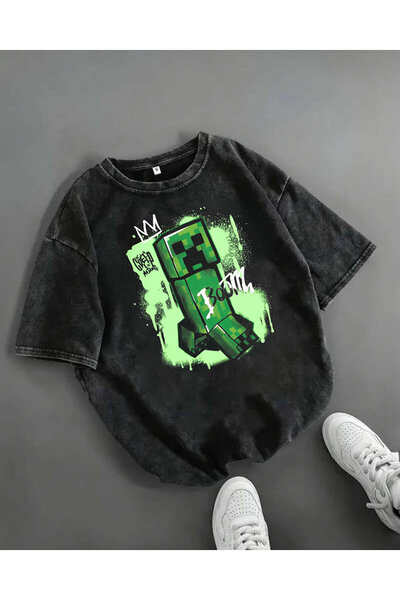 Le Savu Tricou vintage oversize unisex cu imprimeu Creeper, lavabil