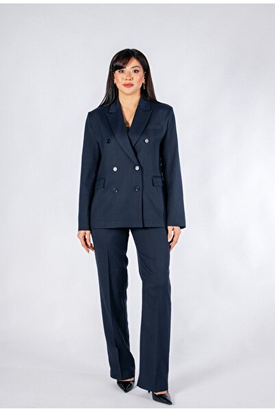 HOEK Women's Navy Blue Striped Double Button Blazer Jacket Straight Leg Suit