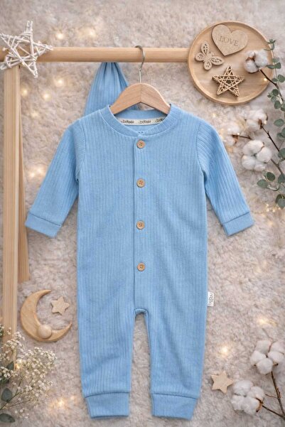 krm kerem bebe %100 Pamuk Boydan Düğmeli Şapkalı Mevsimlik Bebek Tulum