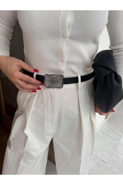 Tina İstanbul Rectangular Metal Buckle Cowboy Belt Black
