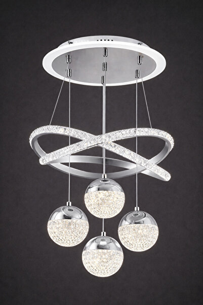 KUZENLER Modern Tasarım Krom 4 Toplu Kristal LED Avize (3 Renk)