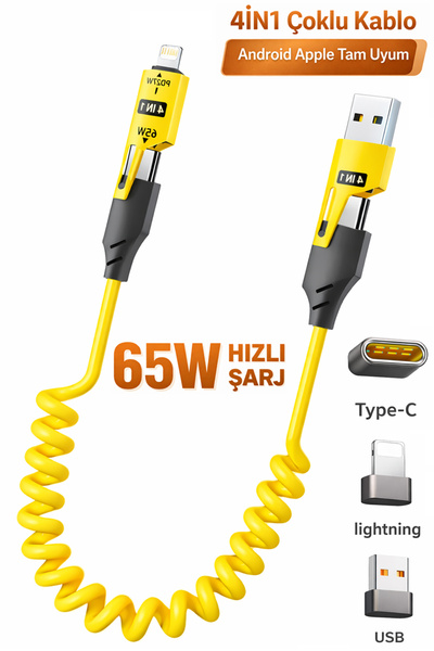 Tech&bello accessories 65W 4İN1 Çoklu Spiral İphone Android Hızlı Şarj Ve Dat...