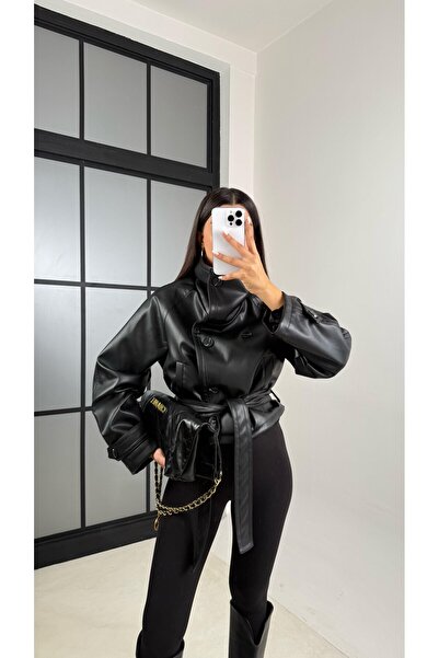 ÖNER New Season Black Double-Breasted Buttoned Leather Jacket