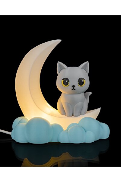 LİYA3D Kedi Figürlü Ay Bulut Gece Lambası | 3D Baskı Dekoratif Çocuk Odası Ab...