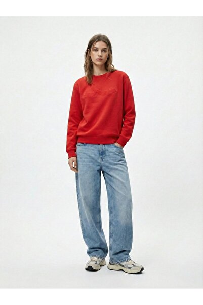 Ltb Long Sleeve Crew Neck Sign Printed Red Sweatshirt