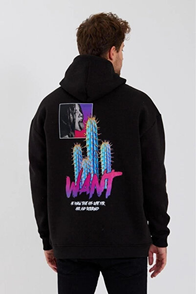 beybunn    Men's Printed Three Thread Hooded Oversize Sweatshirt - Black