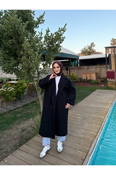 Arlenda Astarlı Siyah Kaşe Kaban
