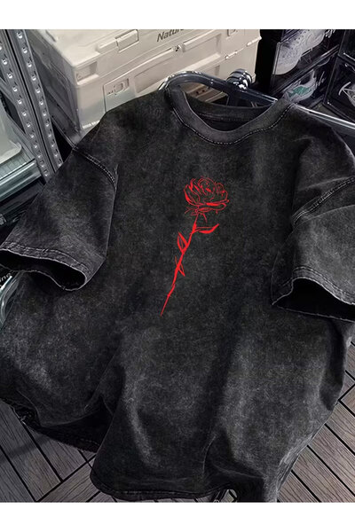 Le Savu تي شيرت عتيق الطراز قصة فضفاضة مطبوع عليه وردة حمراء قابلة للغسل للجنسين