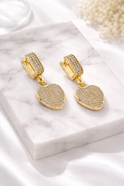 Bellenza Zirkon Taşlı Kalp Figürlü Gold Sallantılı Küpe