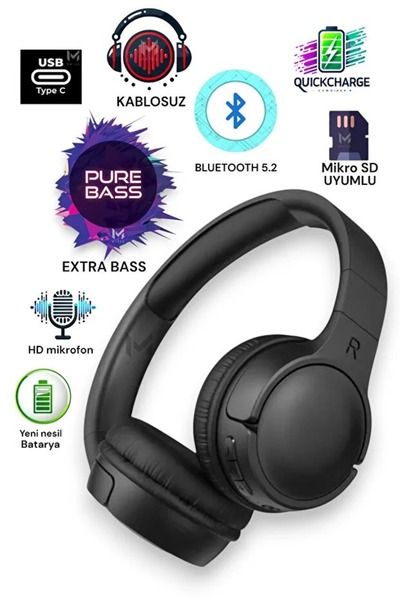 AZEQ Bluetooth Kulak Üstü Kablosuz Kulaklık Mikrofonlu Stereo Bass Kulaklık