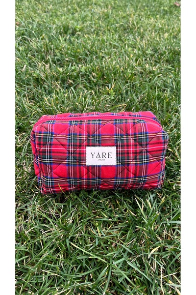 Yare Atelier حقيبة مكياج من القماش المنقوش بنمط مربعات، حقيبة مكياج محمولة، ح...