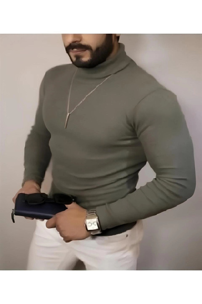 IVORA WEAR Men's Camisole Turtleneck Full Lycra Corded Body Sweater - Khaki