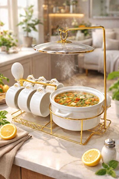 SNK Premium 15Pc Porcelain Soup Pot Set Golden Stand, Bowls & Spoons - Elegan...