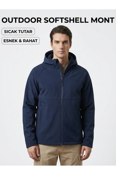 DKECCI Hooded Tactical Outdoor Softshell Coat Navy Blue Windbreaker