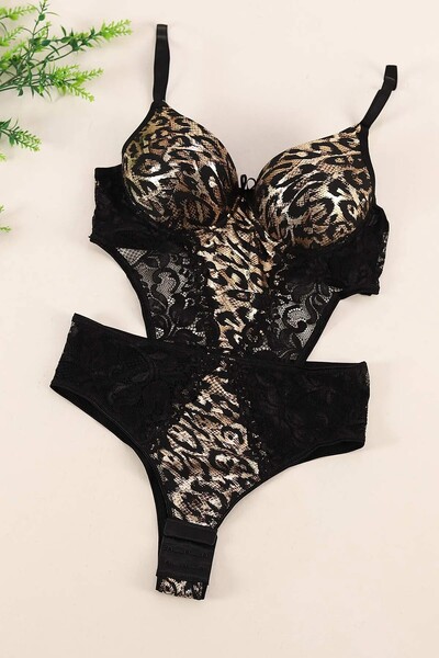 tılsım Lunara Desire Leopar Desenli Gold Detaylı Dantelli Push-Up Bodysuit Fa...