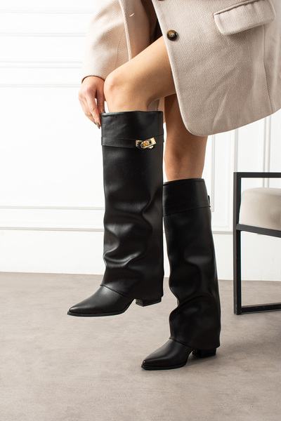 LORENN SHOES Harper Black Matte Leather Buckle Belt Detail Women's Boots