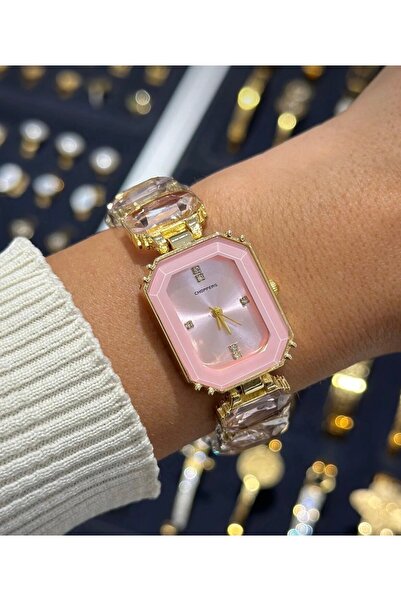 MyleeButik Premium Swaroski Taşlı Sekizgen Kesim Pembe Kadın Kol Saati